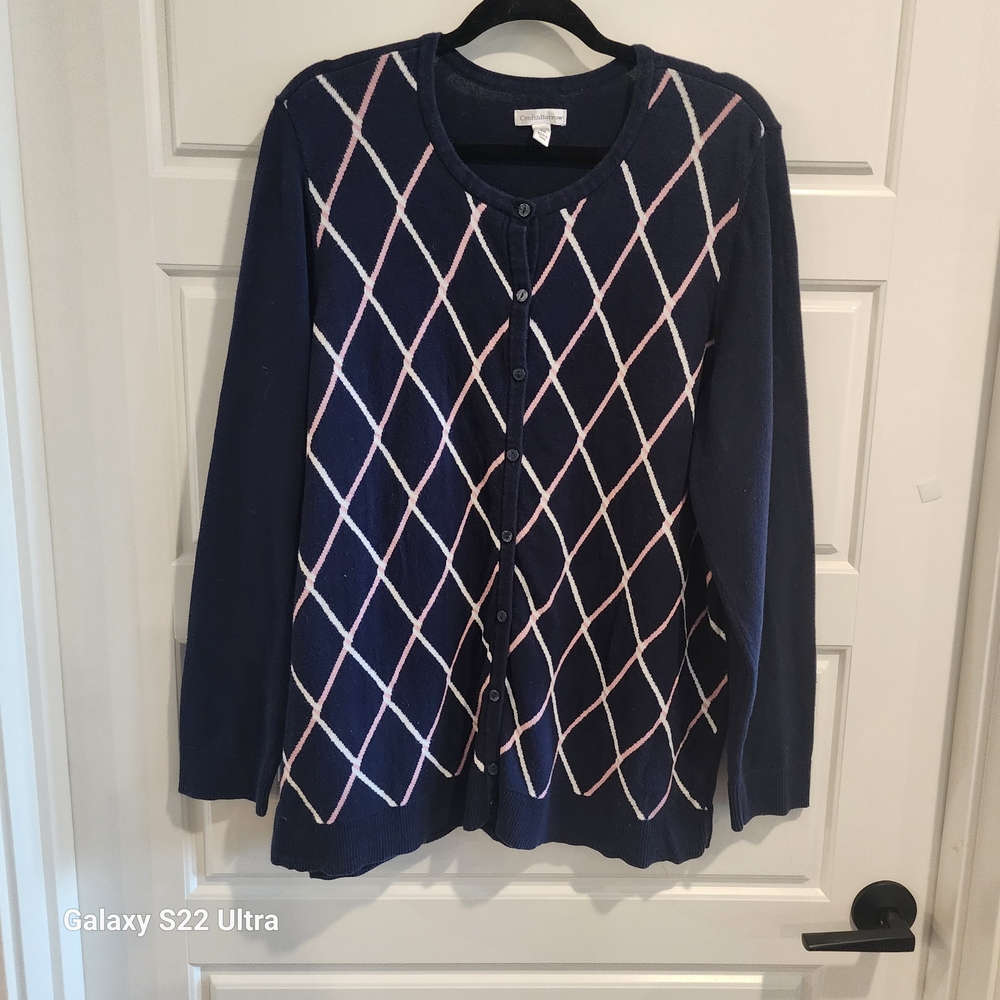 Croft & Barrow Blue and Pink Diamond Cardigan